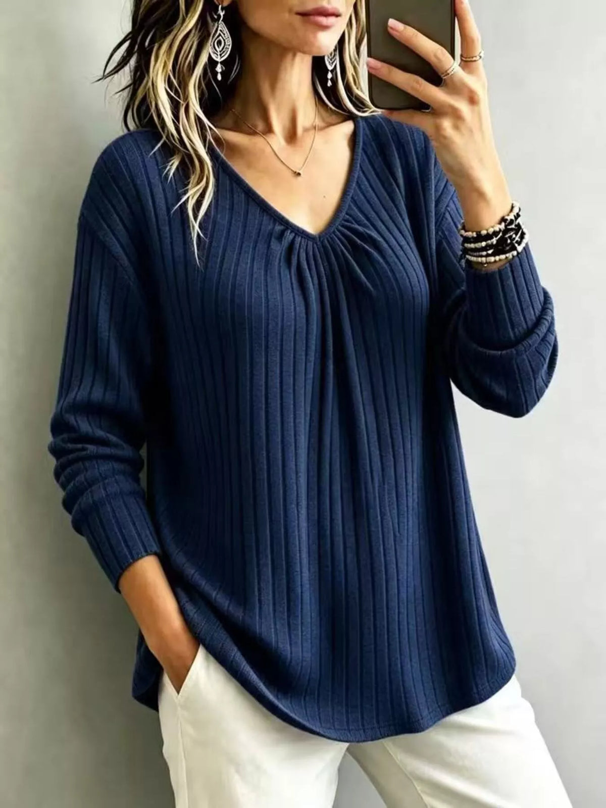 Ribbed V-neck long-sleeve tee – navy blue