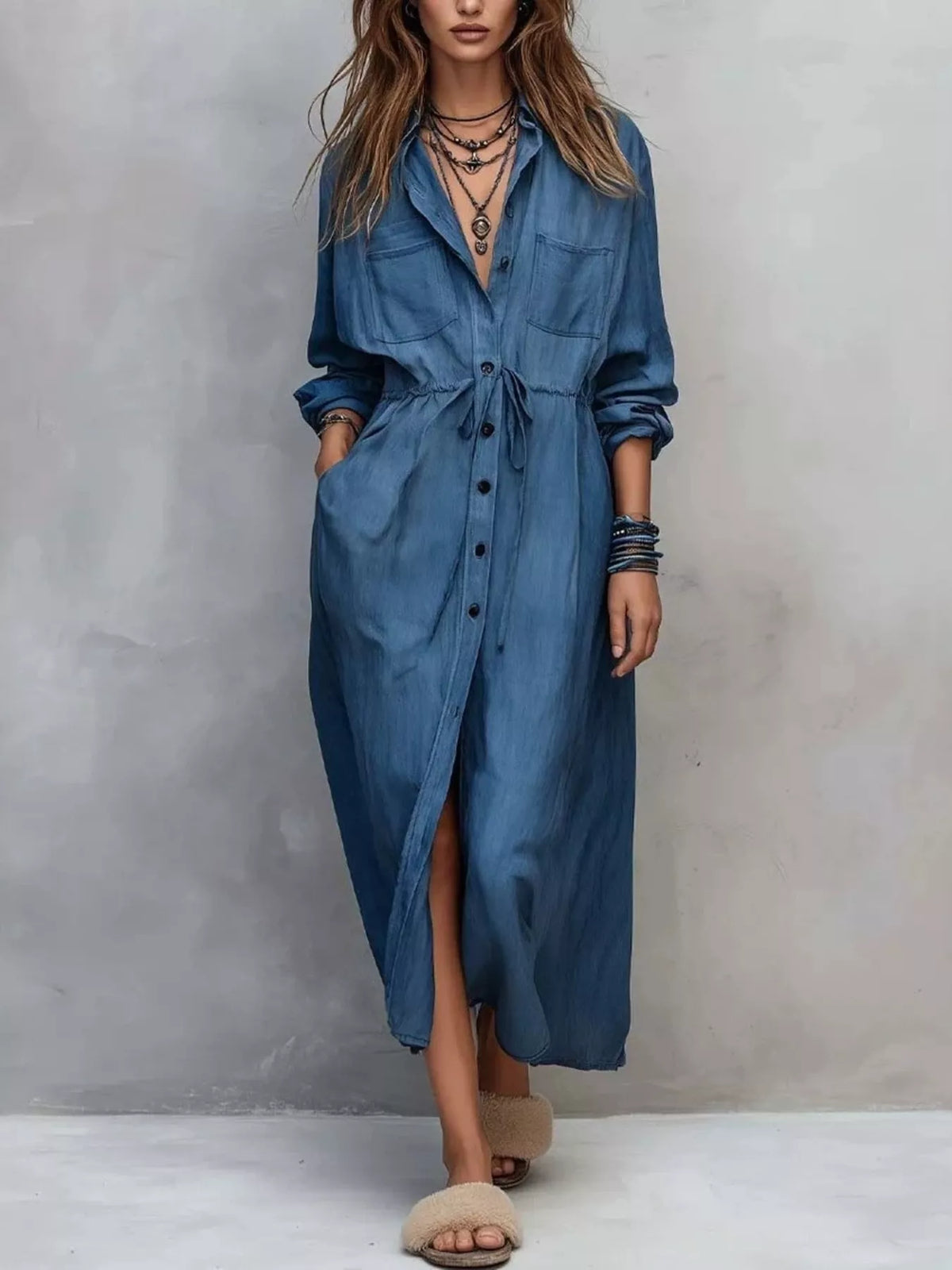 Long-sleeve shirt dress – navy