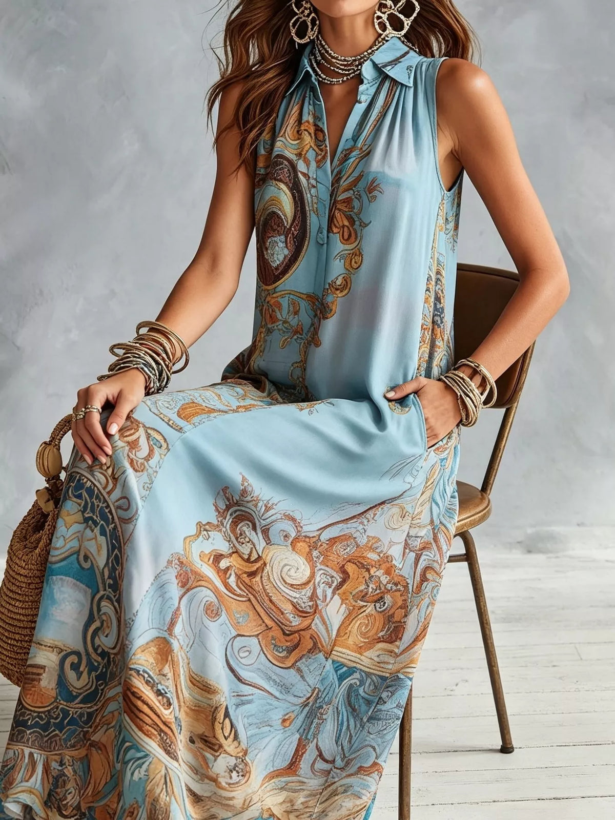 Bohemian sleeveless printed maxi shirt dress
