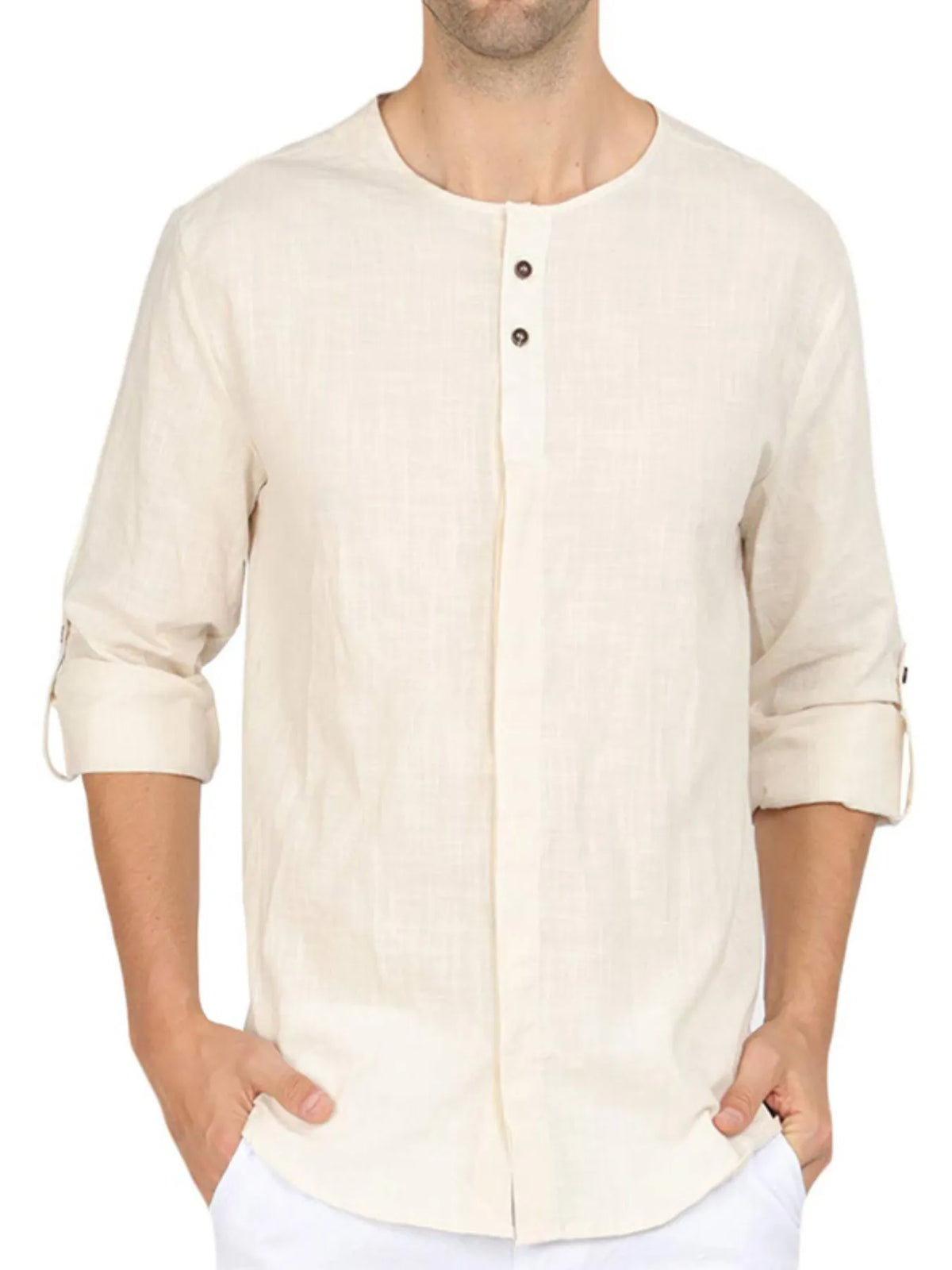 Roll-up sleeve linen blend polo shirt, Beige