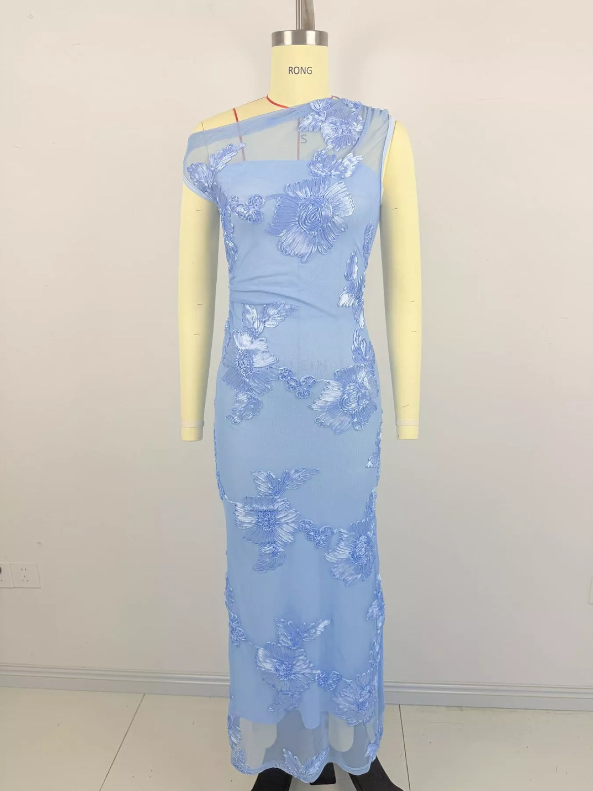 One-shoulder floral embroidered maxi dress