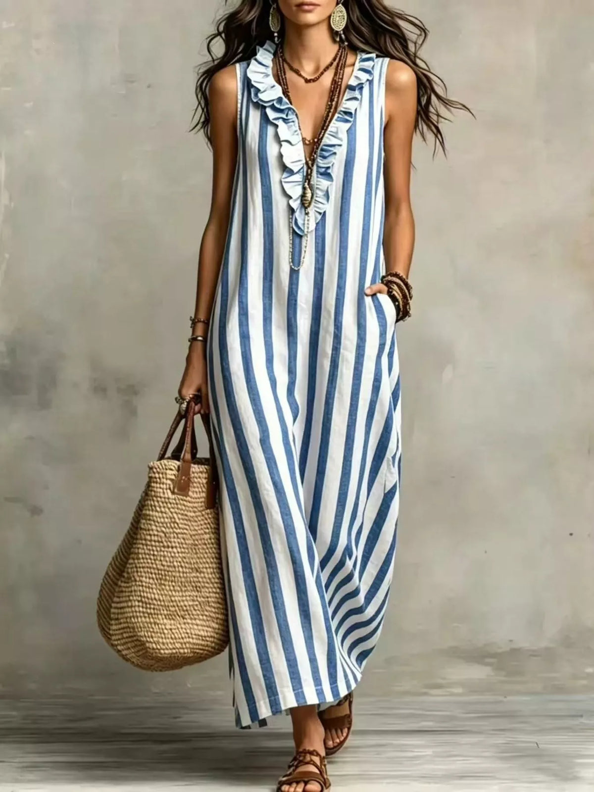 Sleeveless striped ruffle V-neck maxi dress, Blue