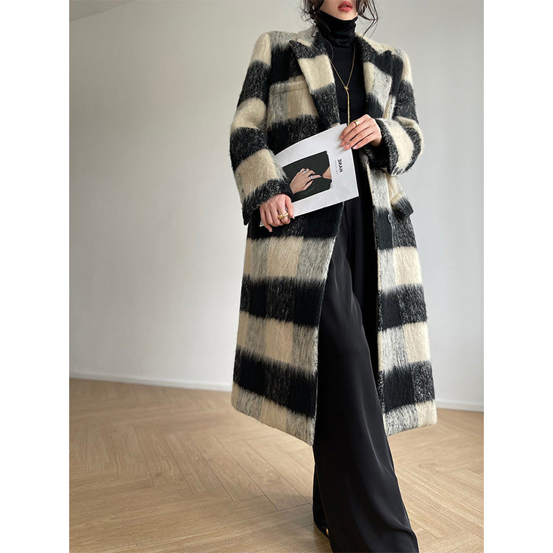 Check wool-blend overcoat