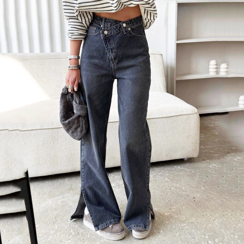 Crossover-waist wide jeans