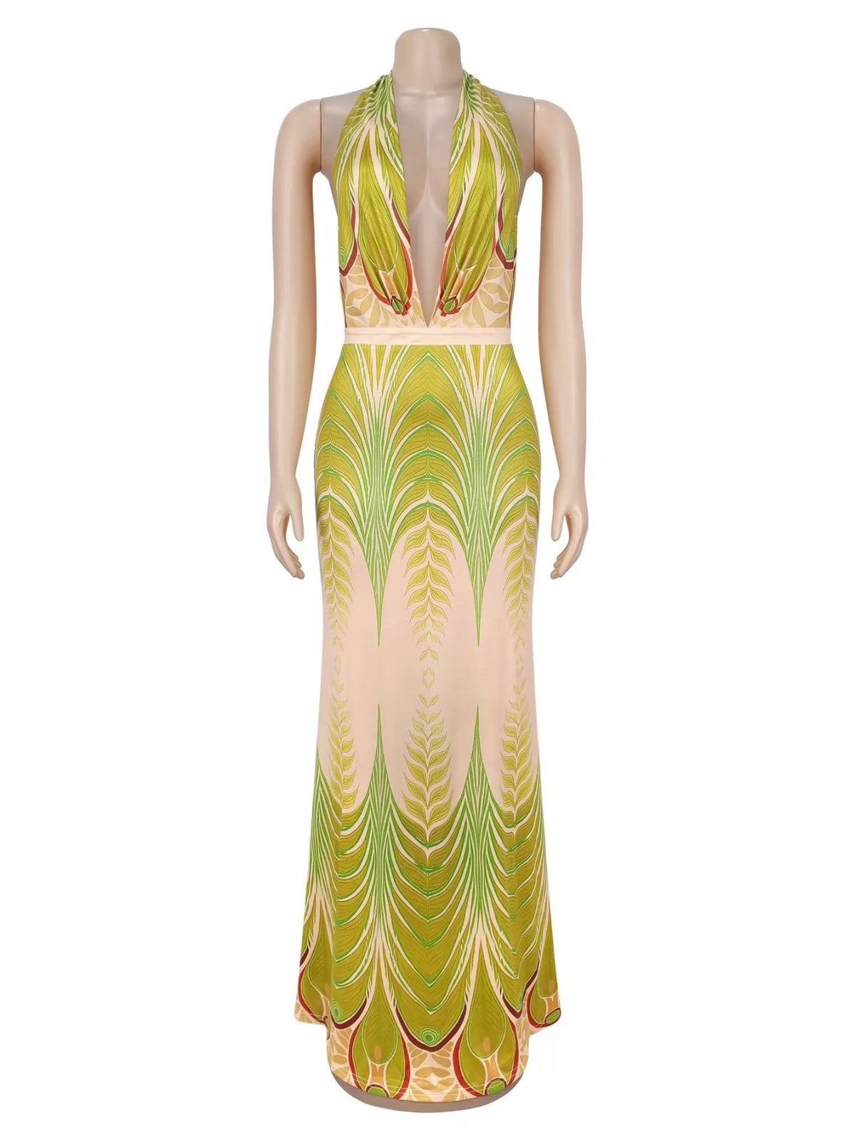 Leaf-print halter maxi dress