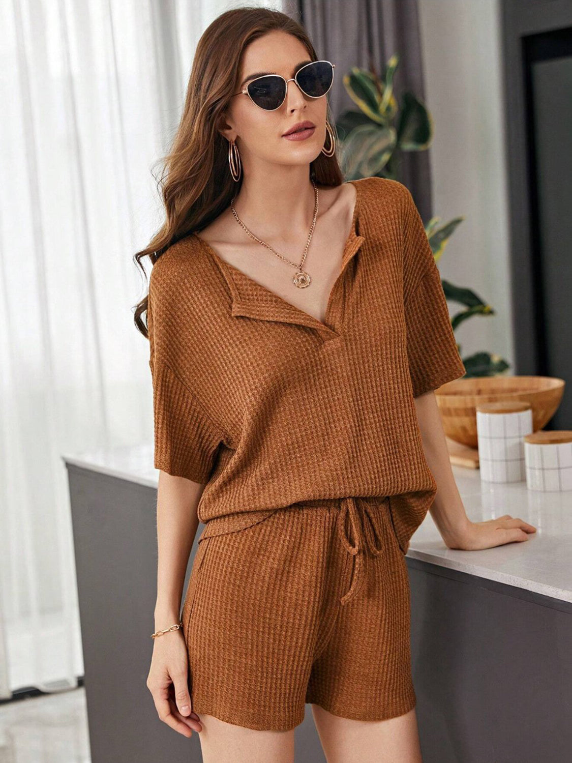 Waffle-knit dropped shoulder top and shorts set