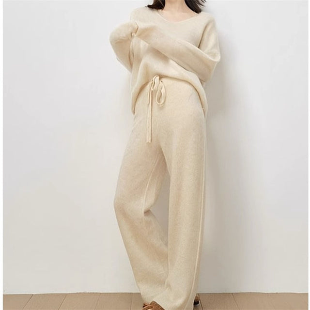 Oat knit two-piece set – beige / free size