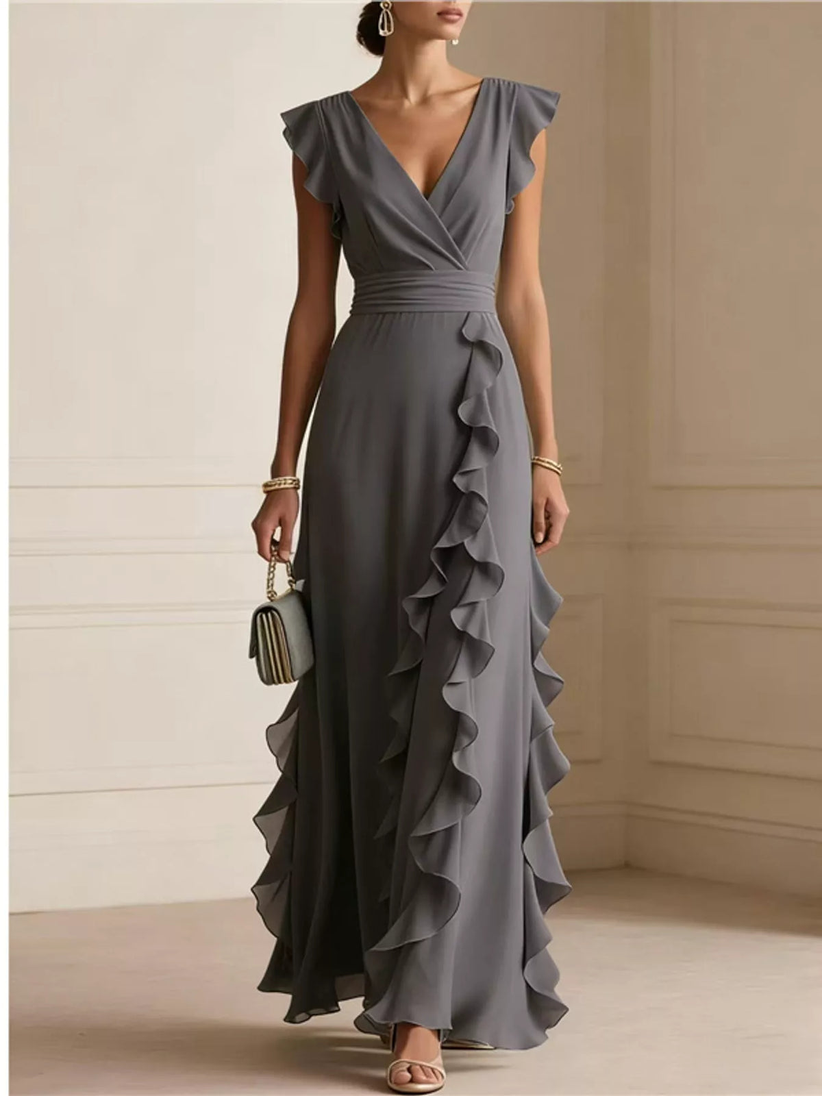 Ruffled surplice sleeveless maxi dress, Graphite