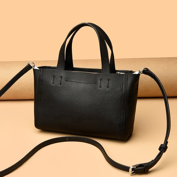 Structured leather mini tote, Black, with long strap