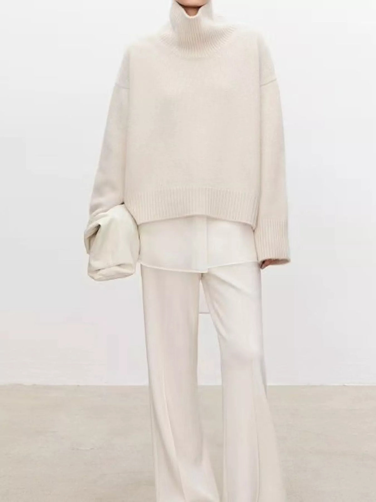 Oversized Turtleneck Wool Sweater, White