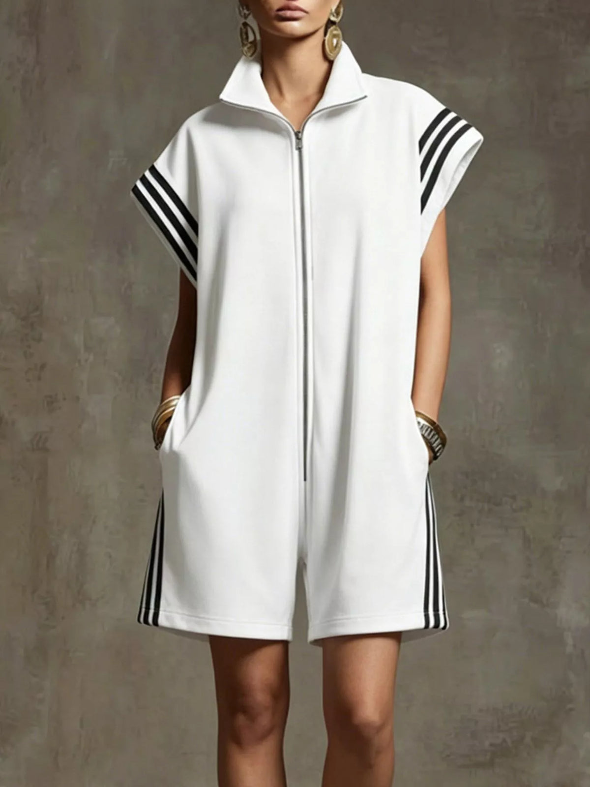 Striped zip front short sleeve romper, White