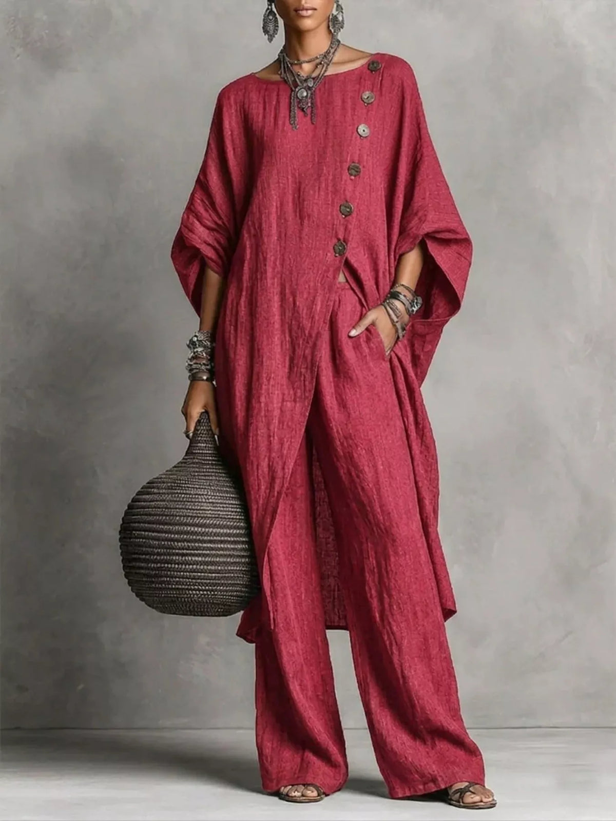 Asymmetric button-down top and wide-leg pants set, Wine Red