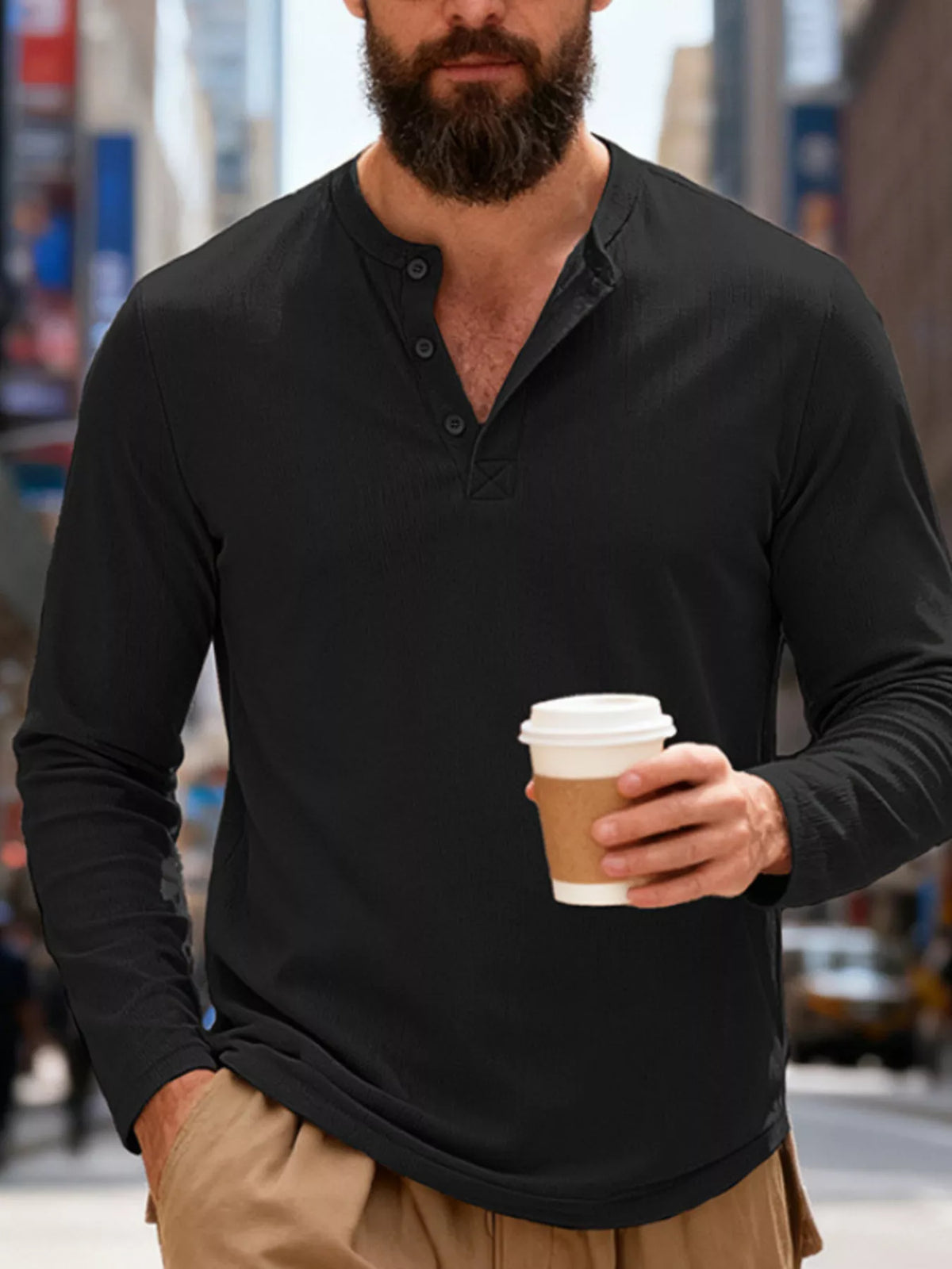 Long-sleeve henley – black