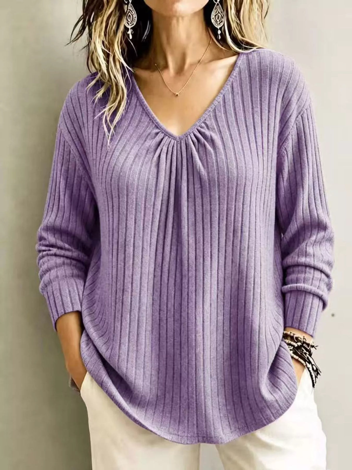 Ribbed V-neck long-sleeve tee – light purple
