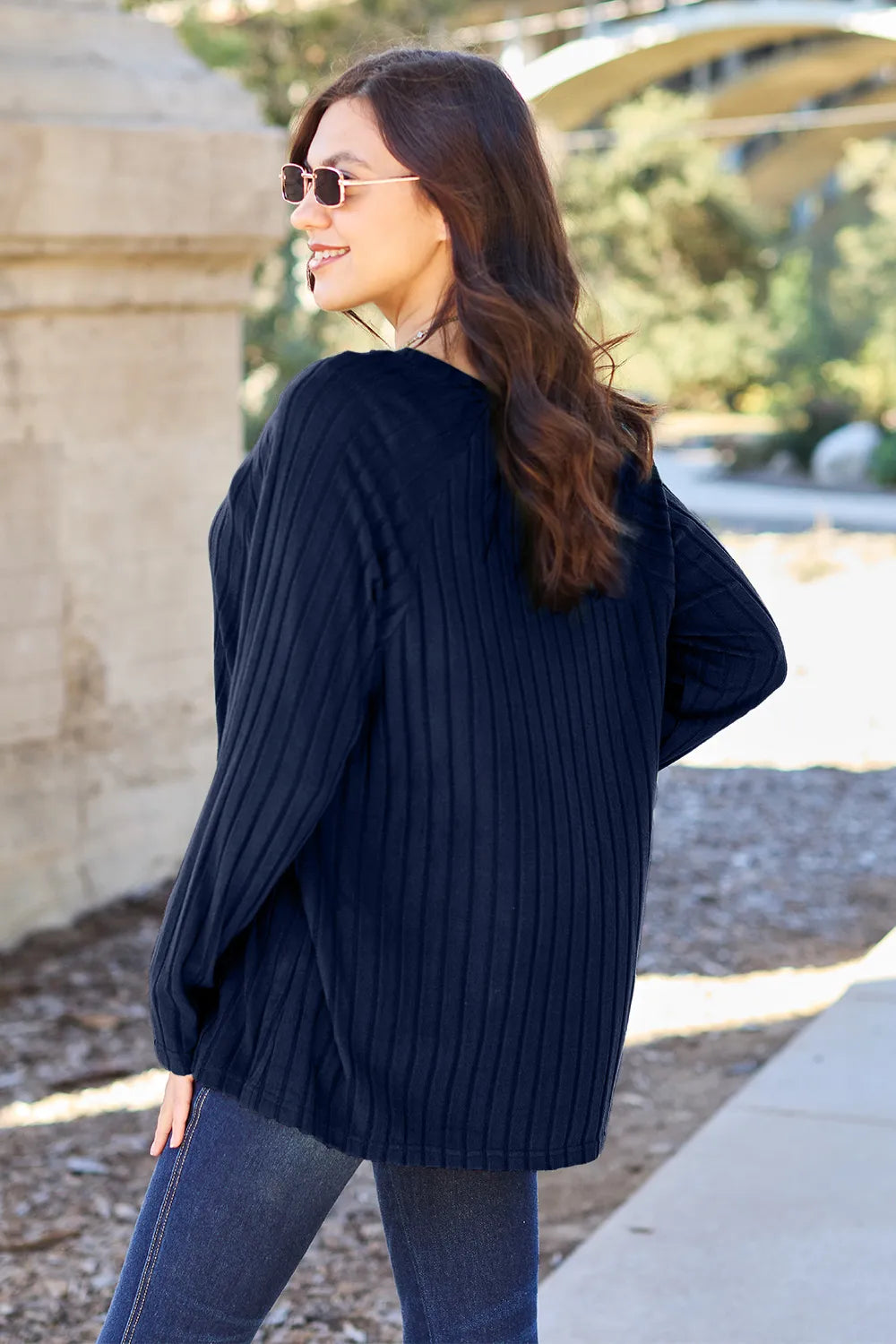 Ribbed long-sleeve knit top