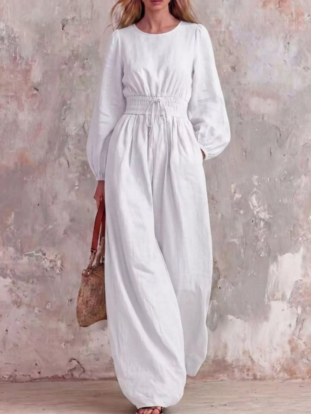 Smocked-waist long-sleeve jumpsuit – white