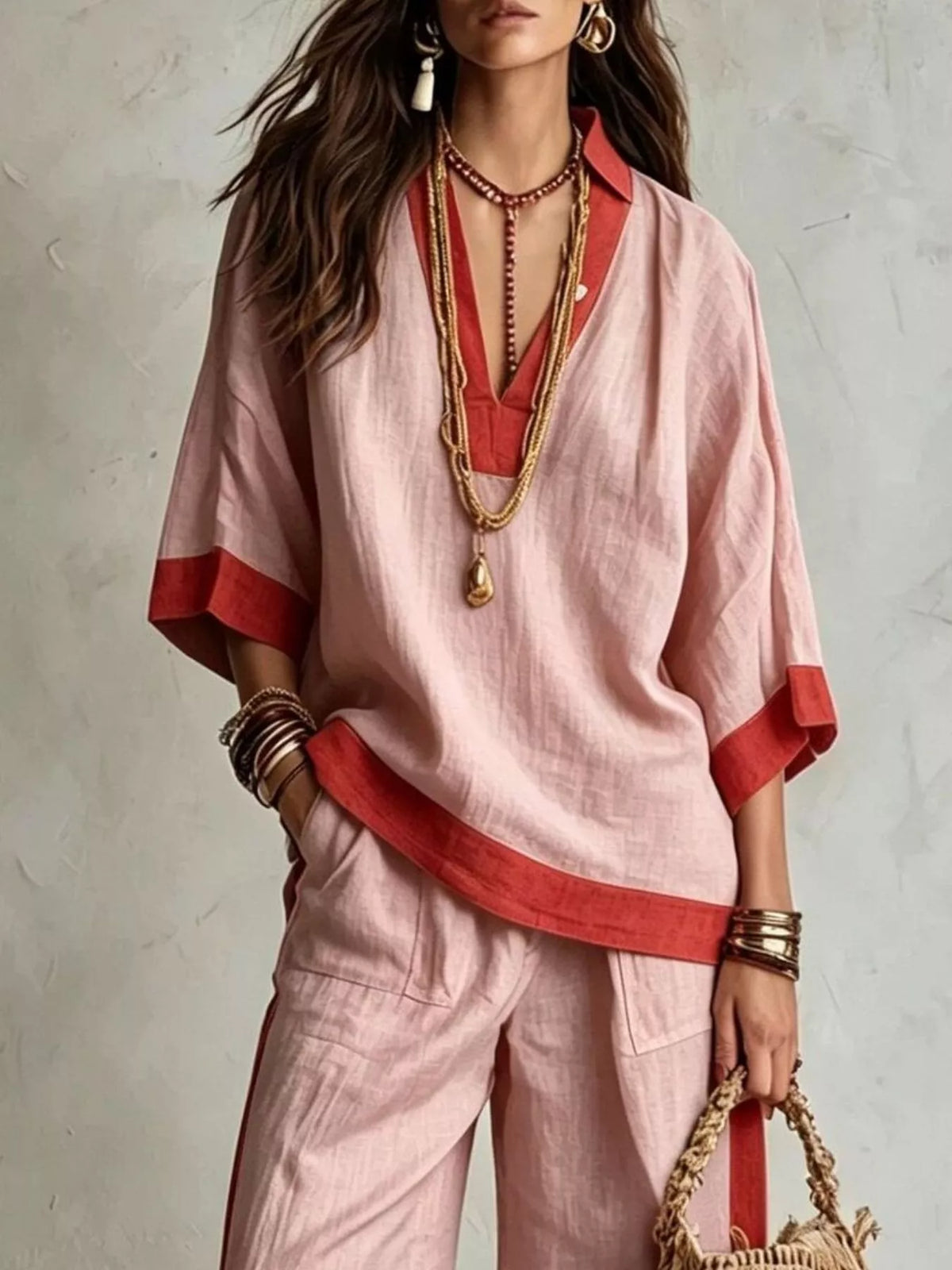 Contrast trim top and wide leg pants set