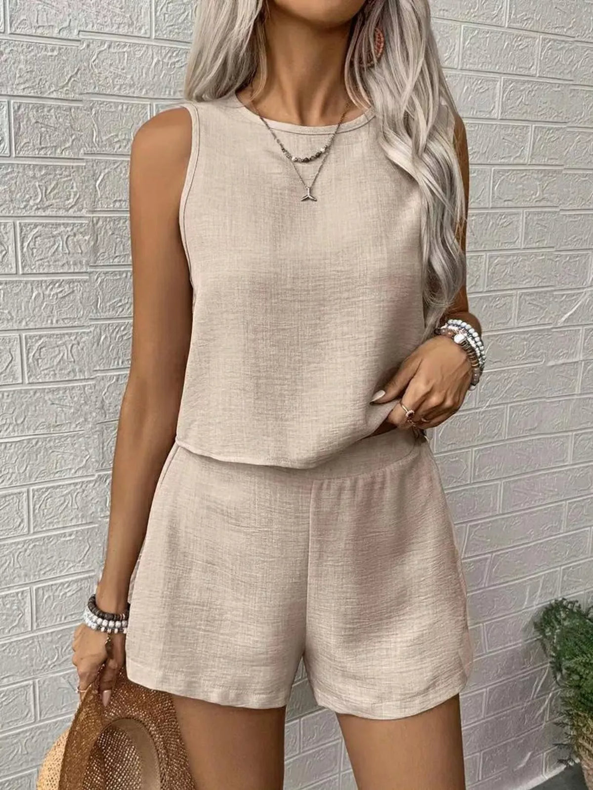 Round neck tank top and shorts set, Dust Storm