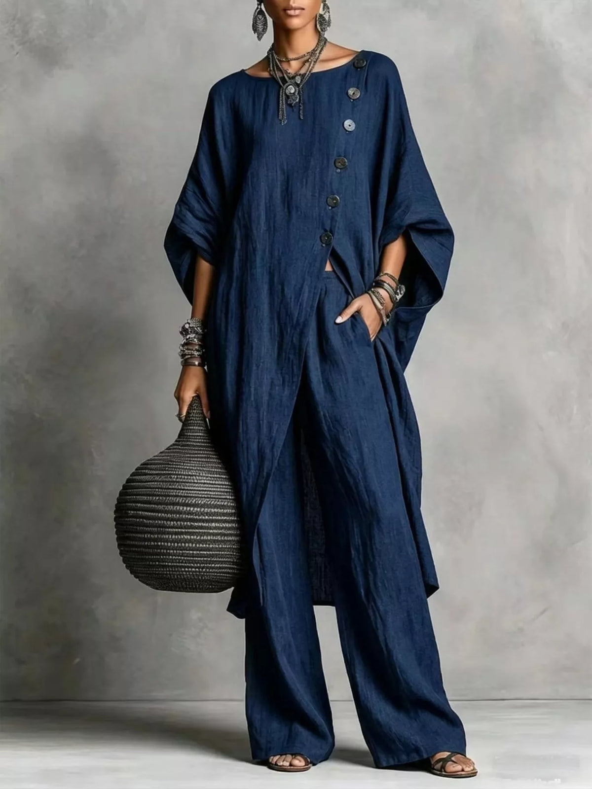 Asymmetric button-down top and wide-leg pants set, Navy Blue