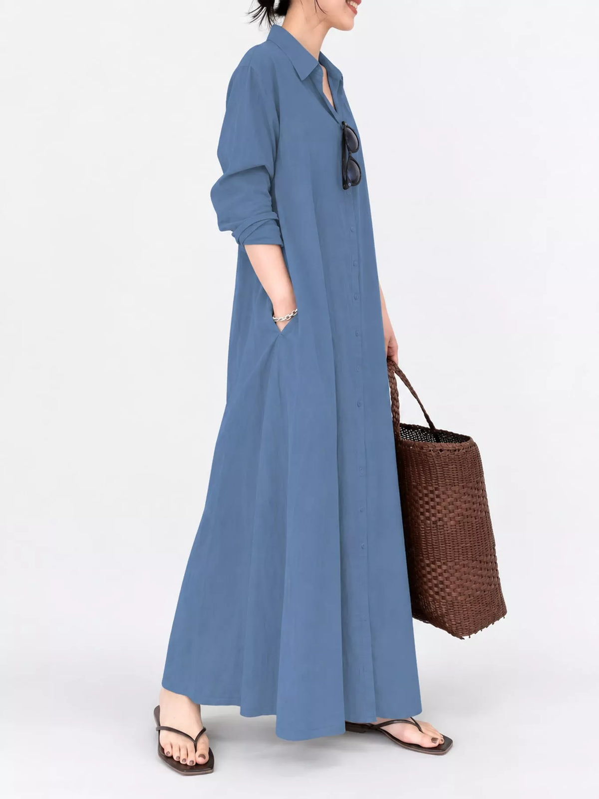 Button front long sleeve maxi shirt dress