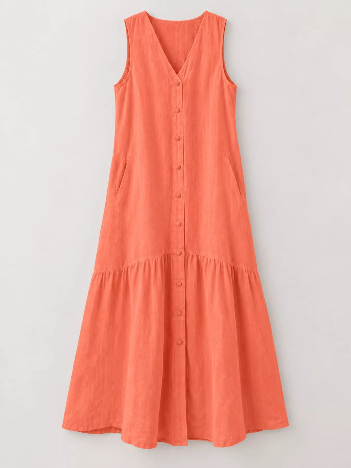 V-neck button front sleeveless midi dress