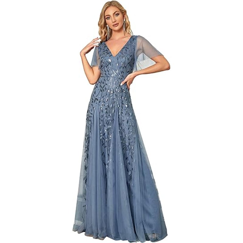 Flutter-sleeve sequin gown