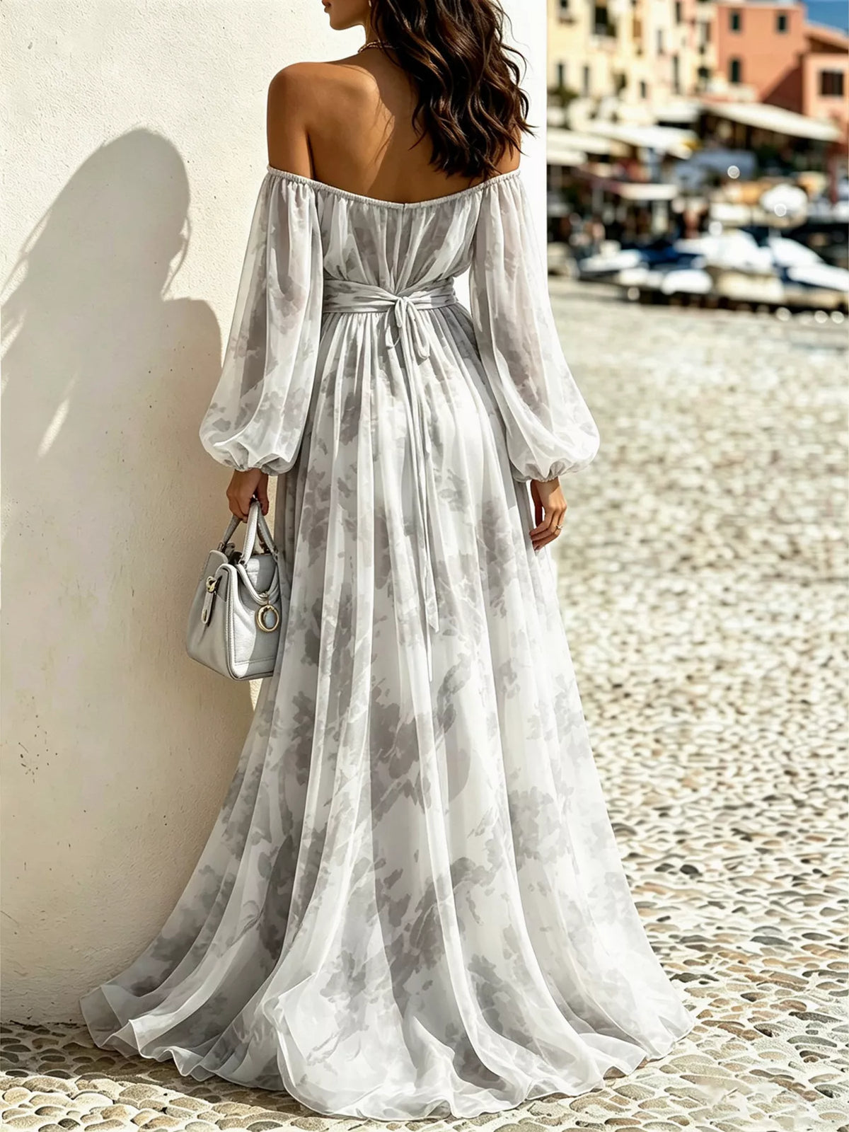 Off-shoulder balloon-sleeve maxi dress