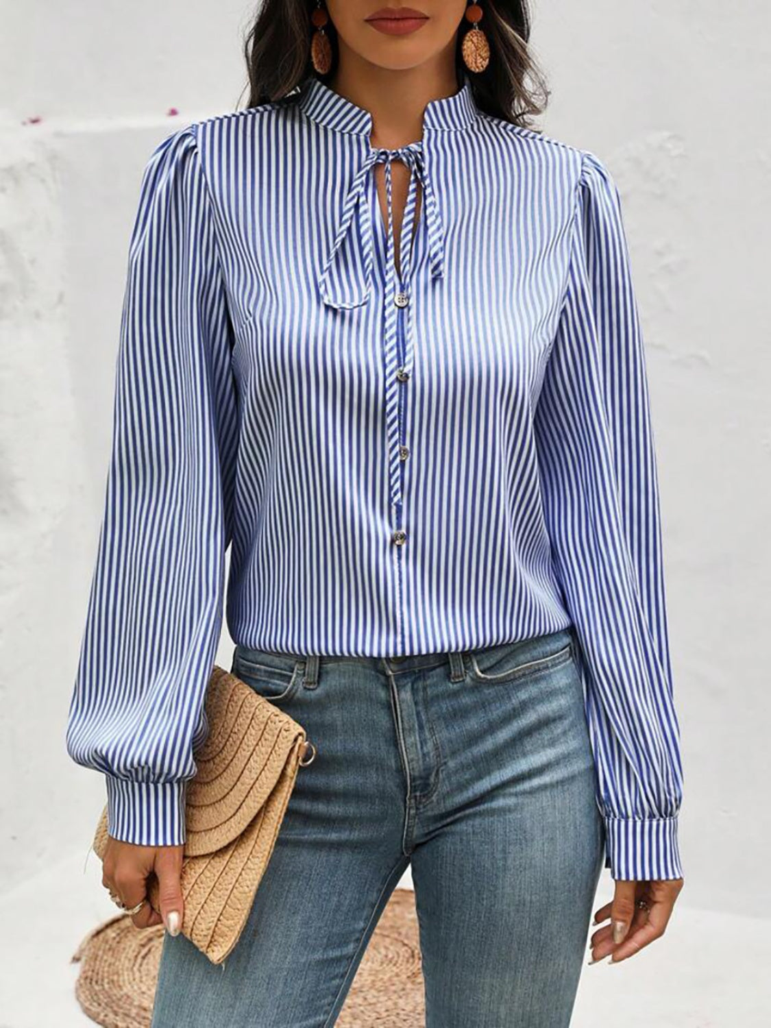 Striped tie neck blouse