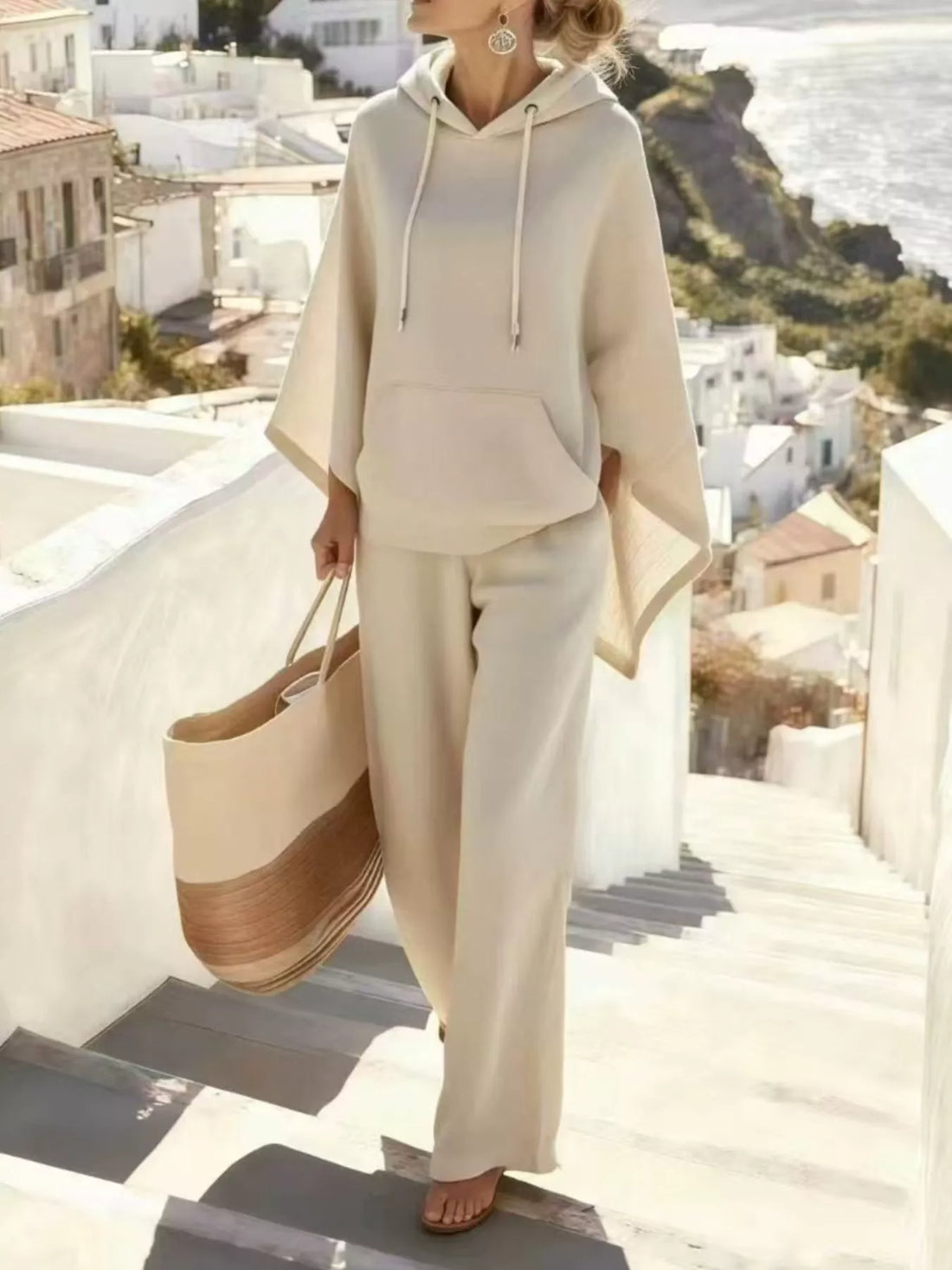 Hooded poncho and pants set – beige