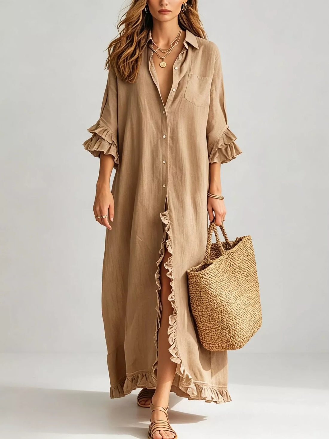 Ruffled trim button-down maxi shirt dress, Khaki