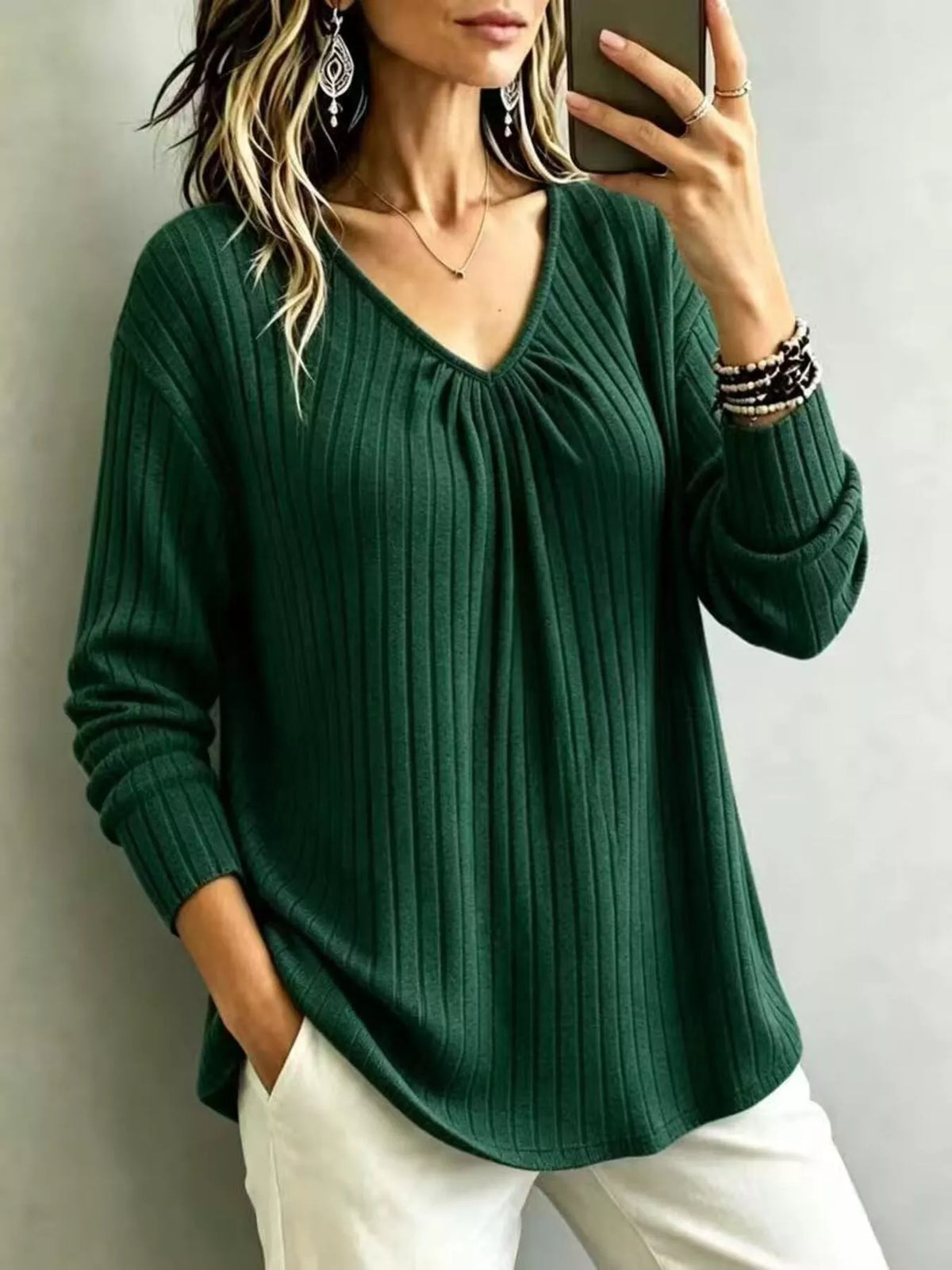 Ribbed V-neck long-sleeve tee – green