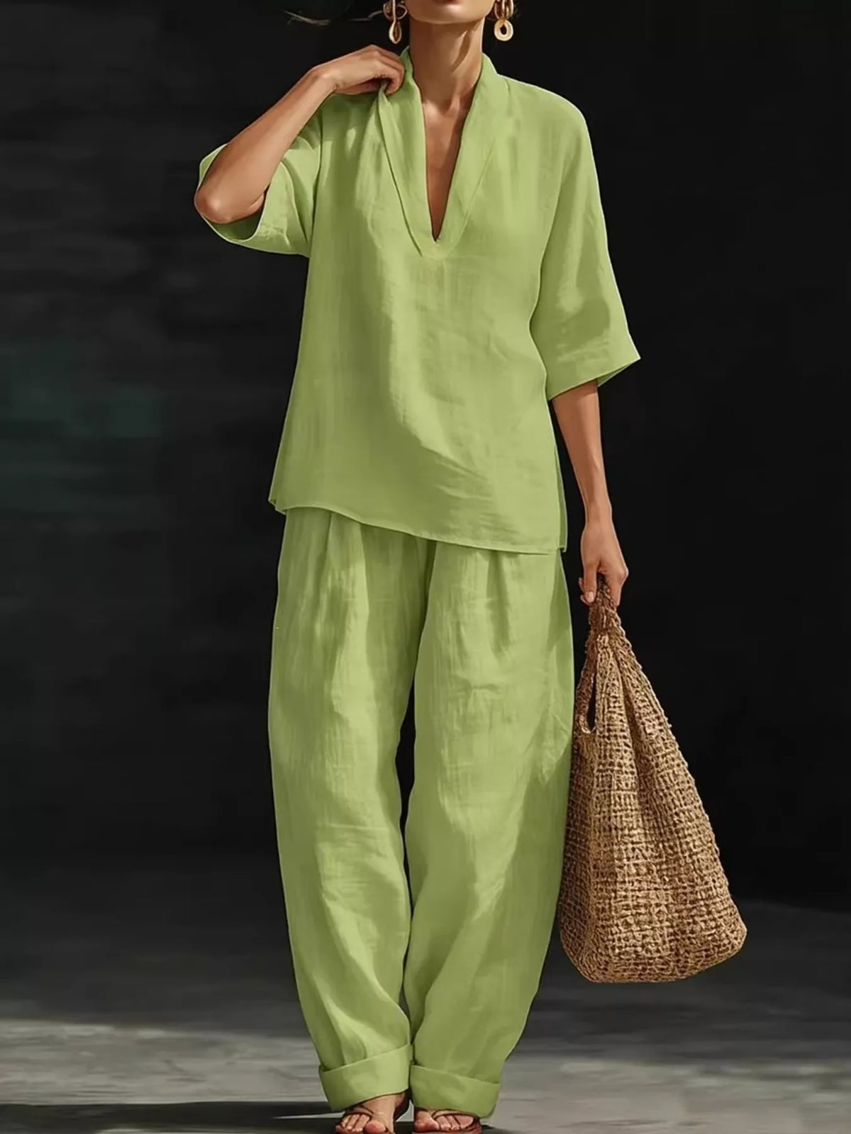 Half-sleeve wide-leg pants set