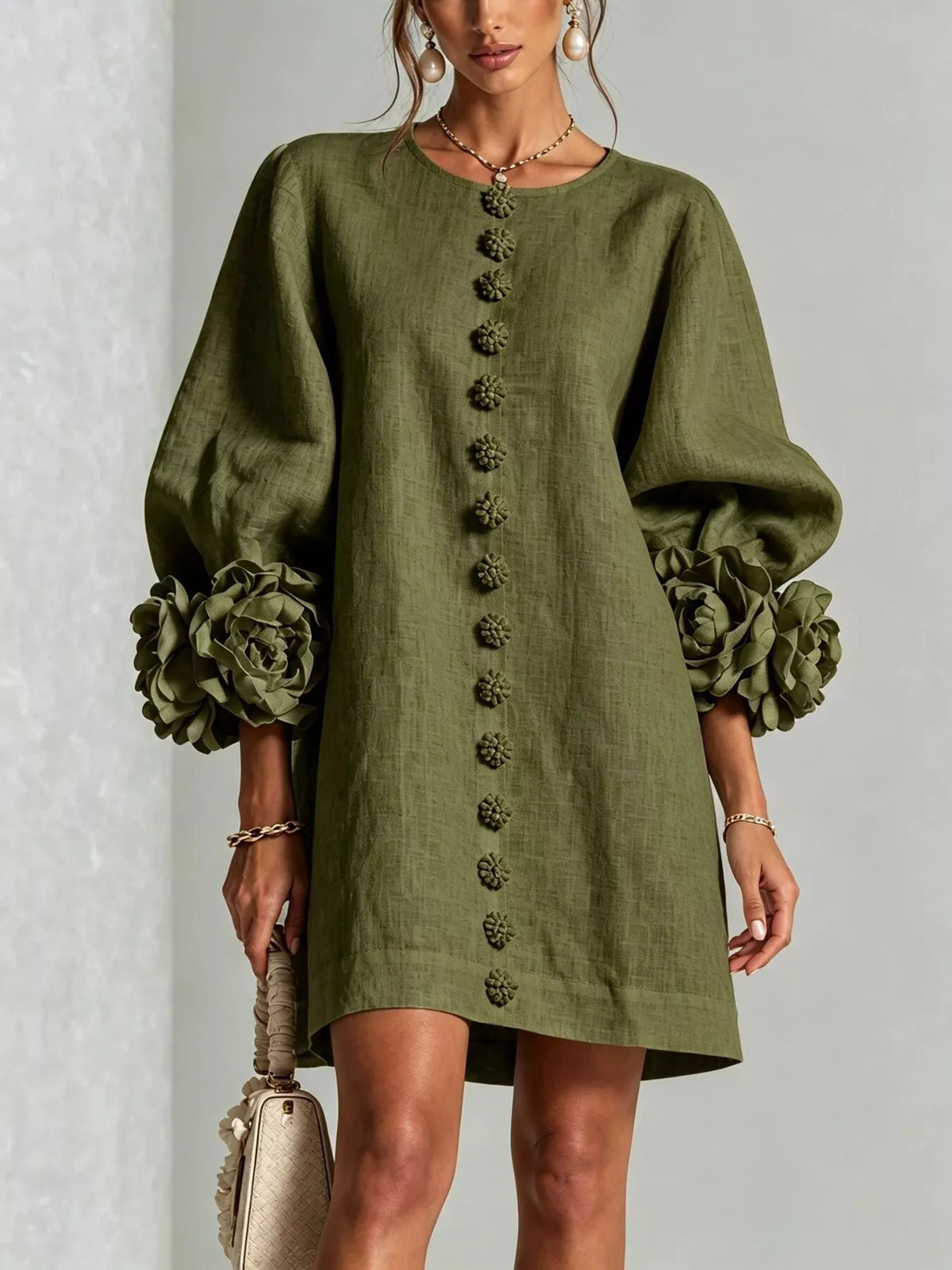 3D floral-sleeve dress – green