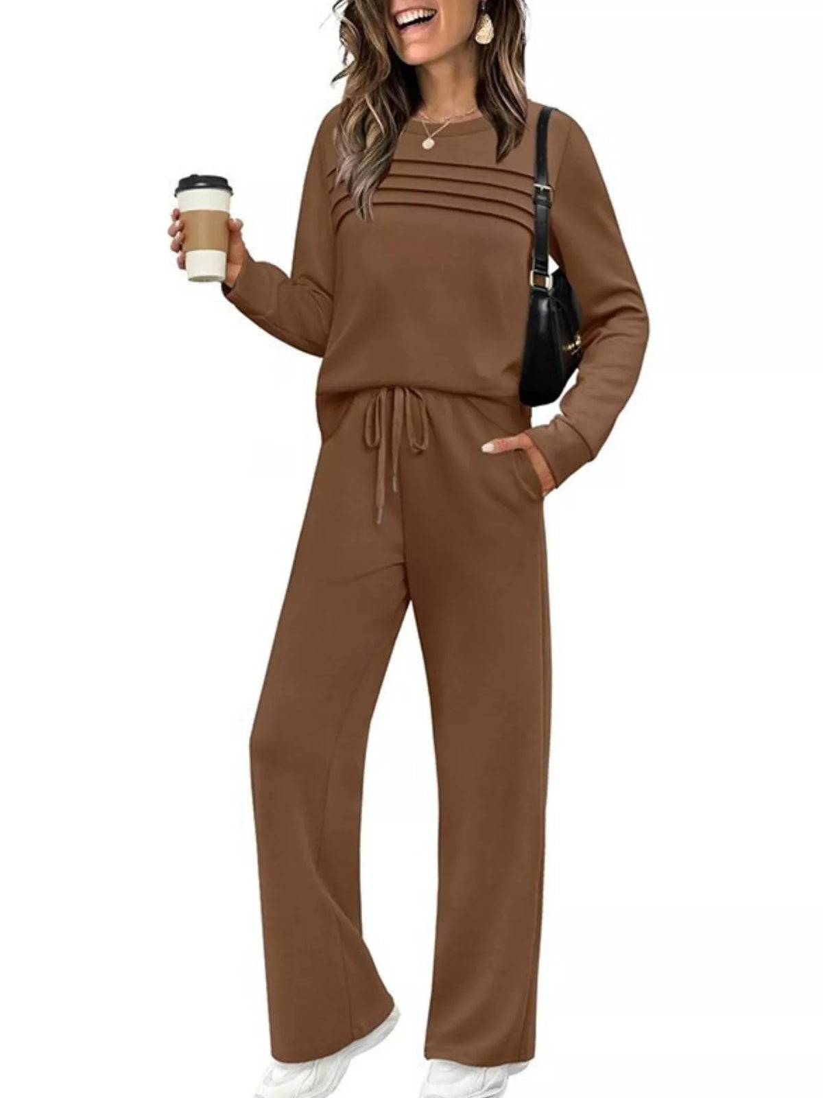 Long sleeve round neck top and pants set, Brown