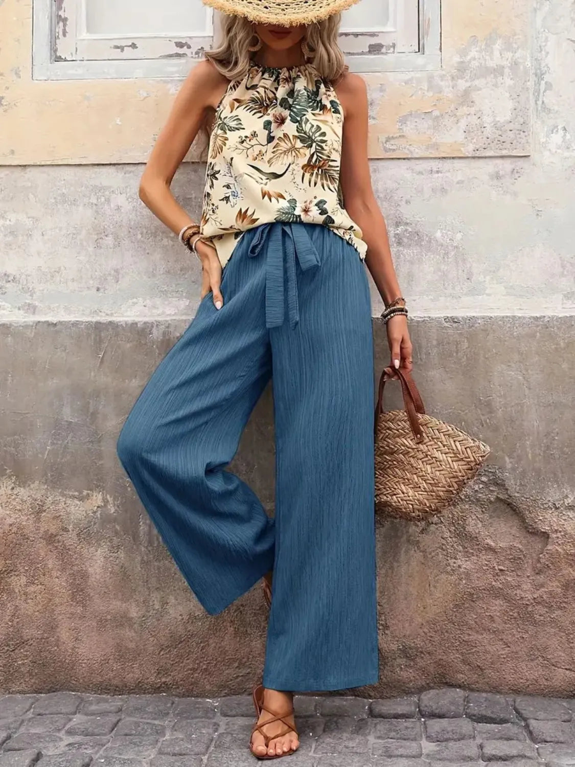 Printed tank top and wide leg pants set