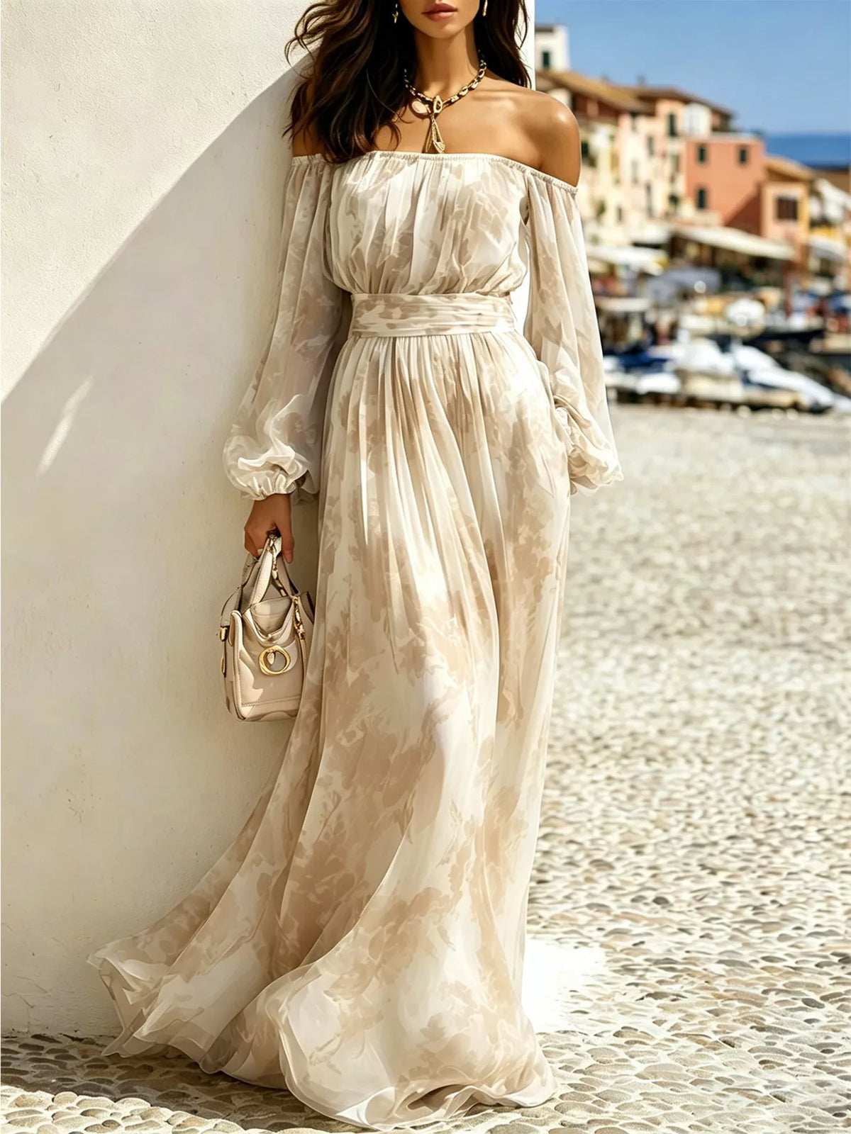 Off-shoulder balloon-sleeve maxi dress – eggshell