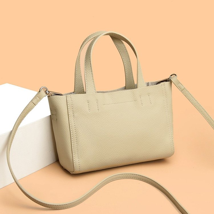 Structured leather mini tote, Khaki, with long strap