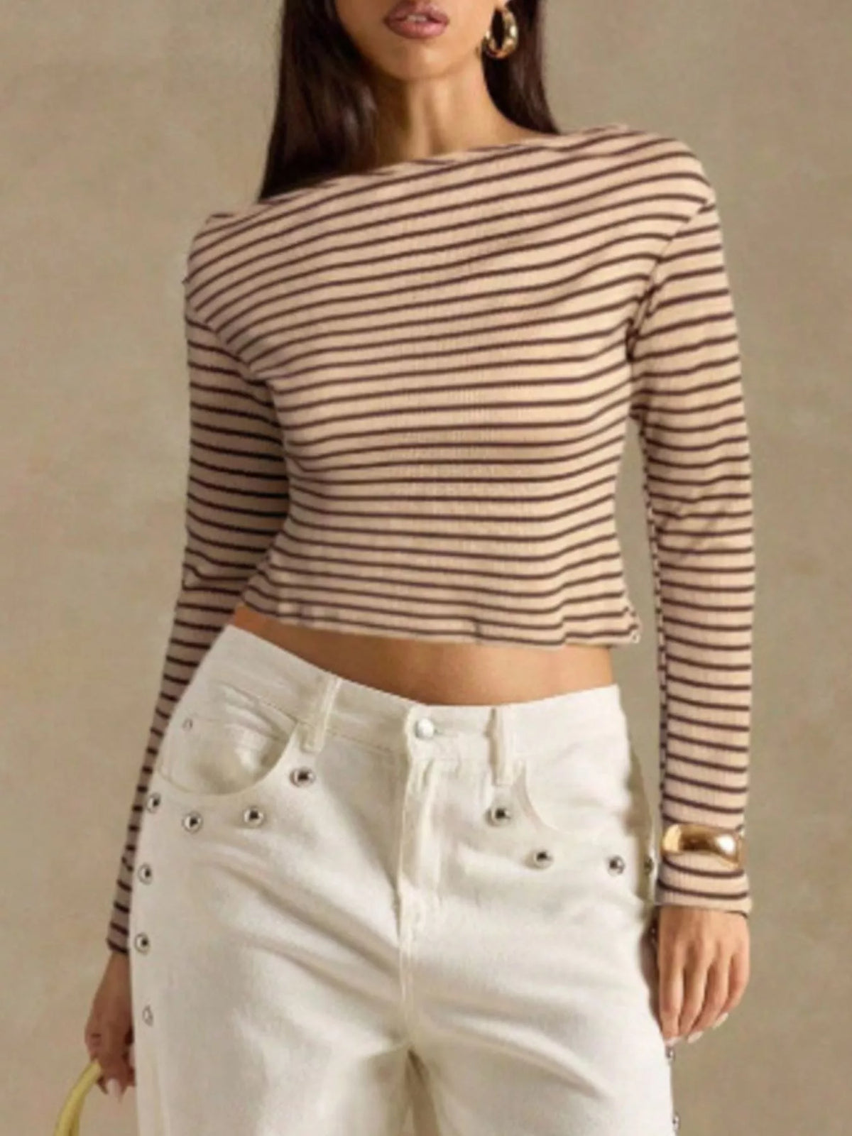 Off-shoulder striped rib top – brown
