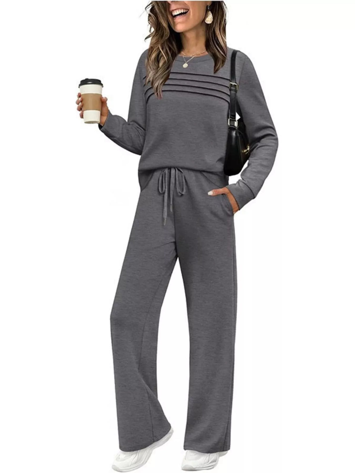 Long sleeve round neck top and pants set, Gray