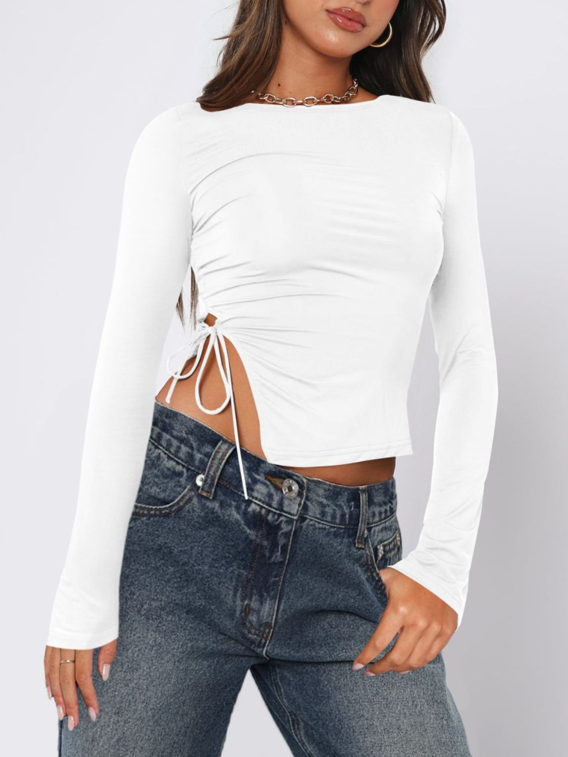 Tie hem long sleeve tee, White, front