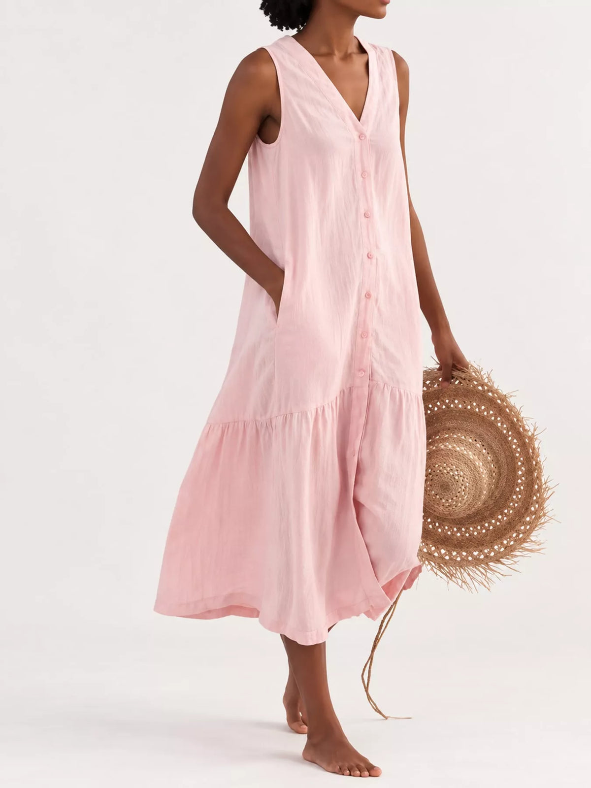 V-neck button front sleeveless midi dress