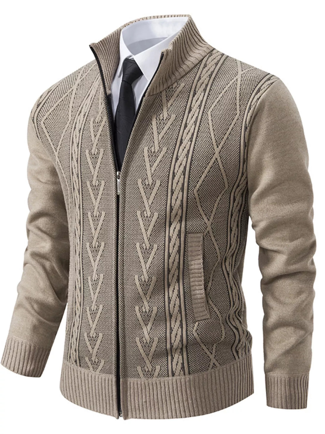 Stand-Collar Full-Zip Cable Knit Cardigan