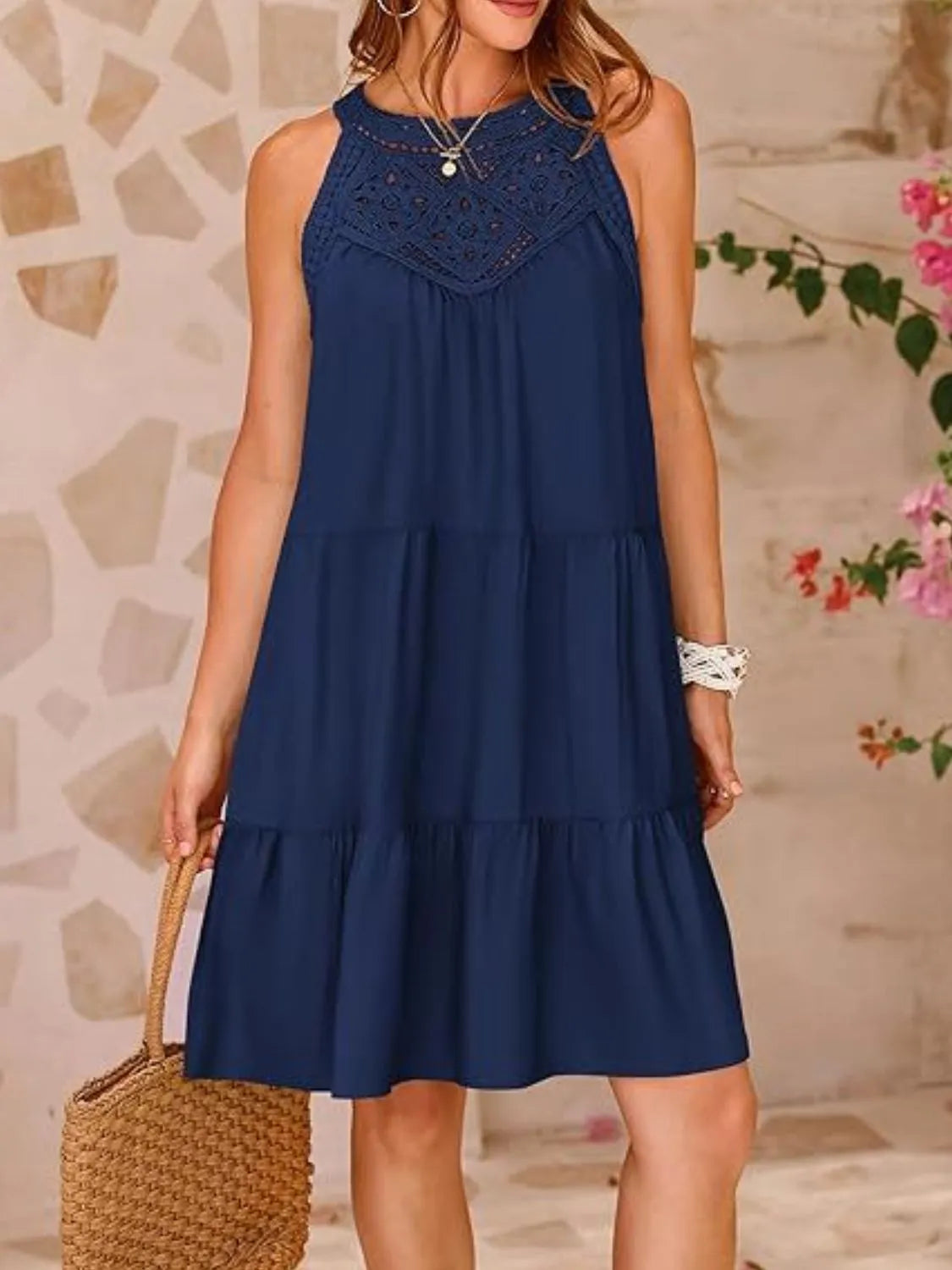 Ruffled hem lace sleeveless dress, Dark Blue