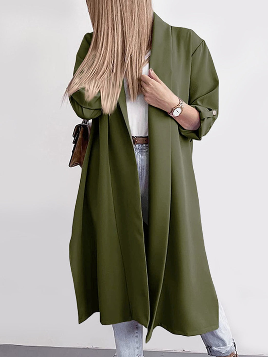 Slit open front roll-tab sleeve trench coat