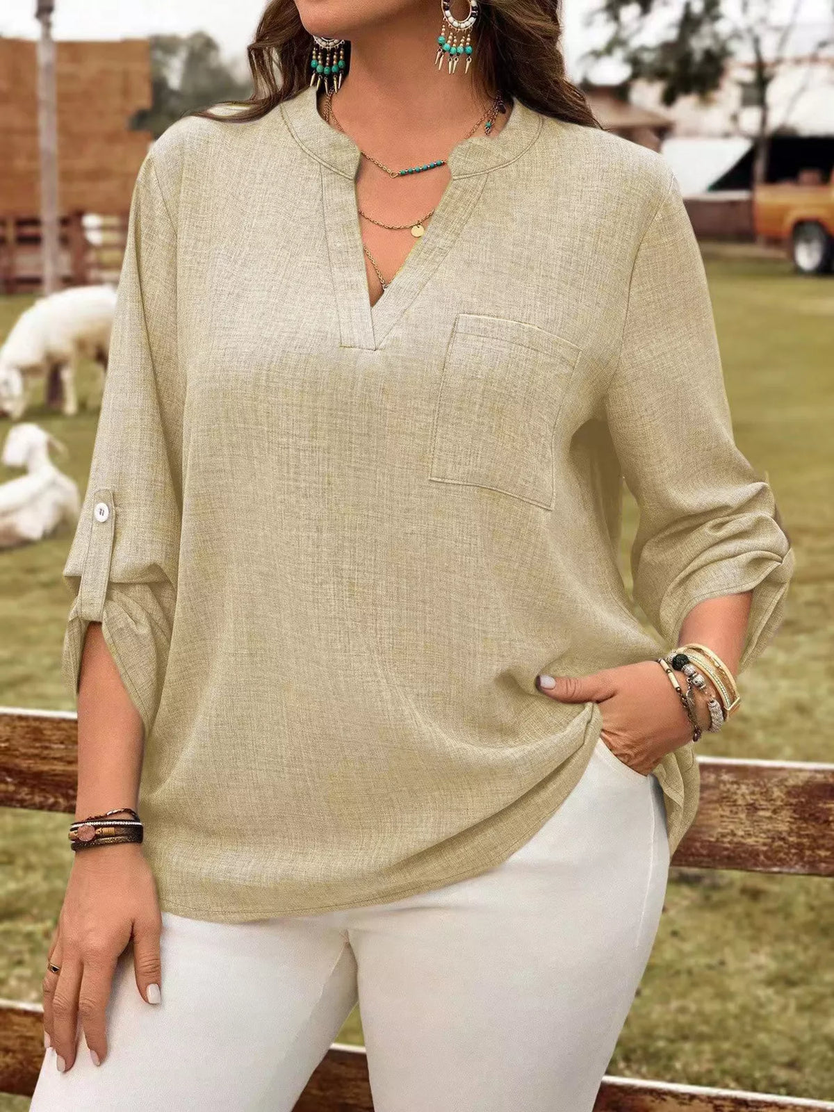 Roll-tab sleeve blouse