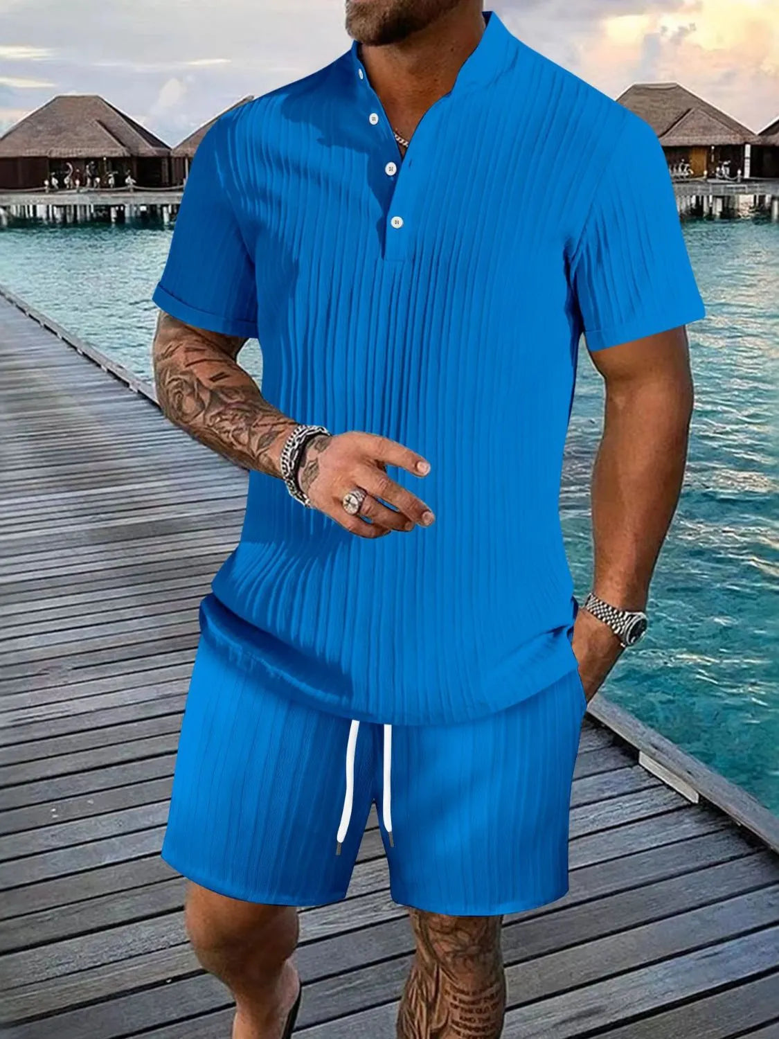 Button-trim top and shorts set – sky blue