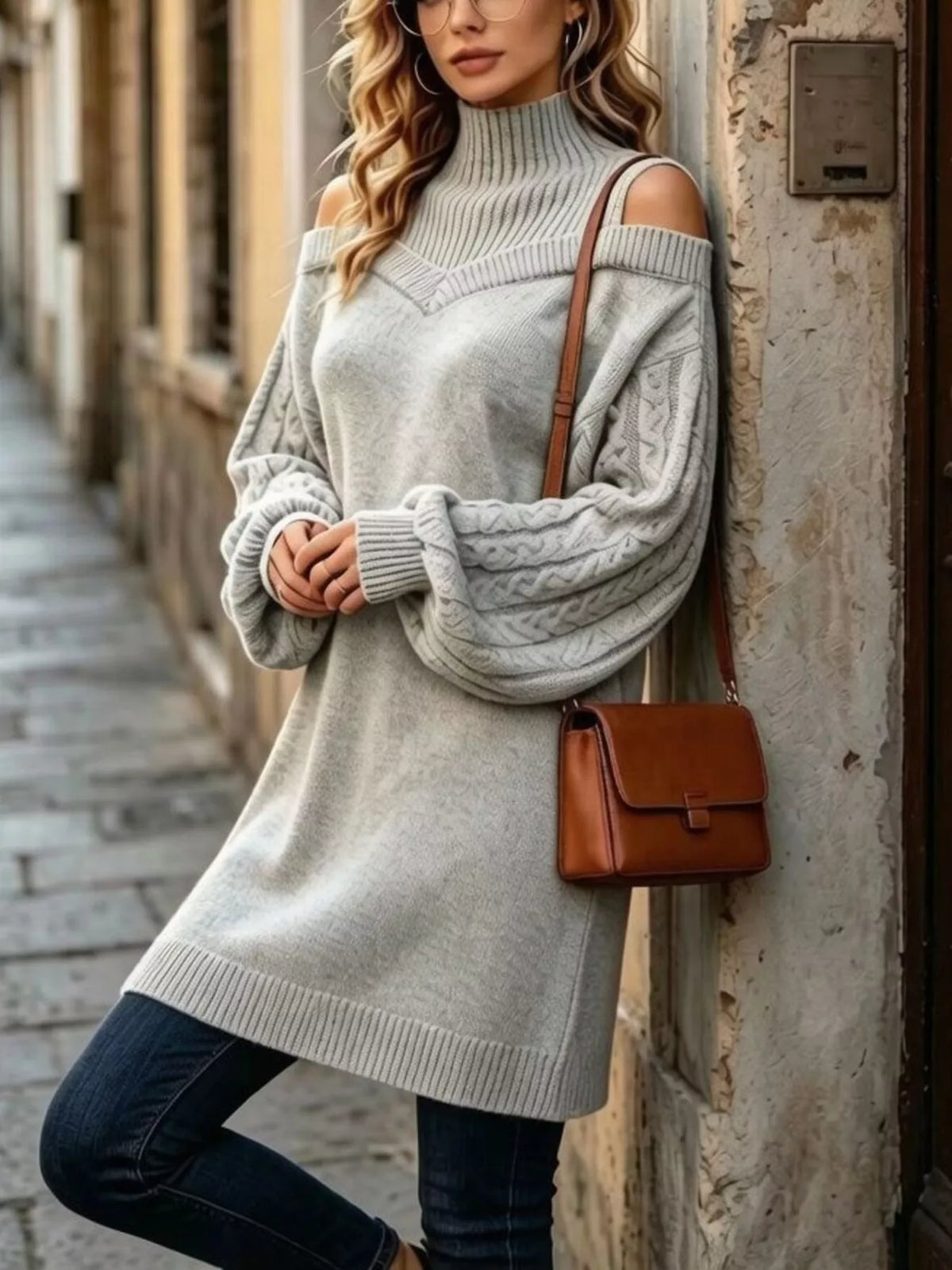 Cold shoulder cable turtleneck, Gray