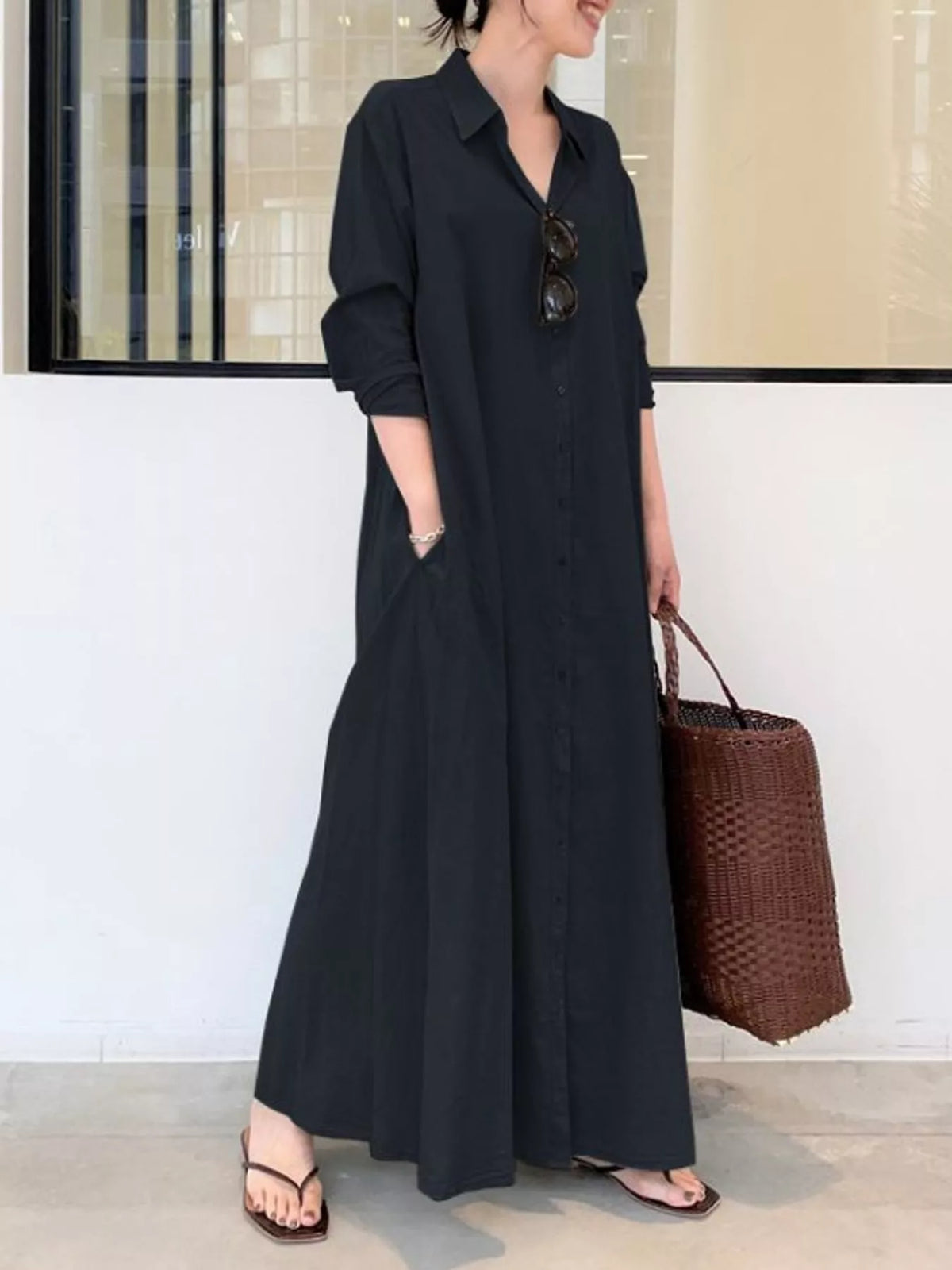 Button front long sleeve maxi shirt dress, Navy