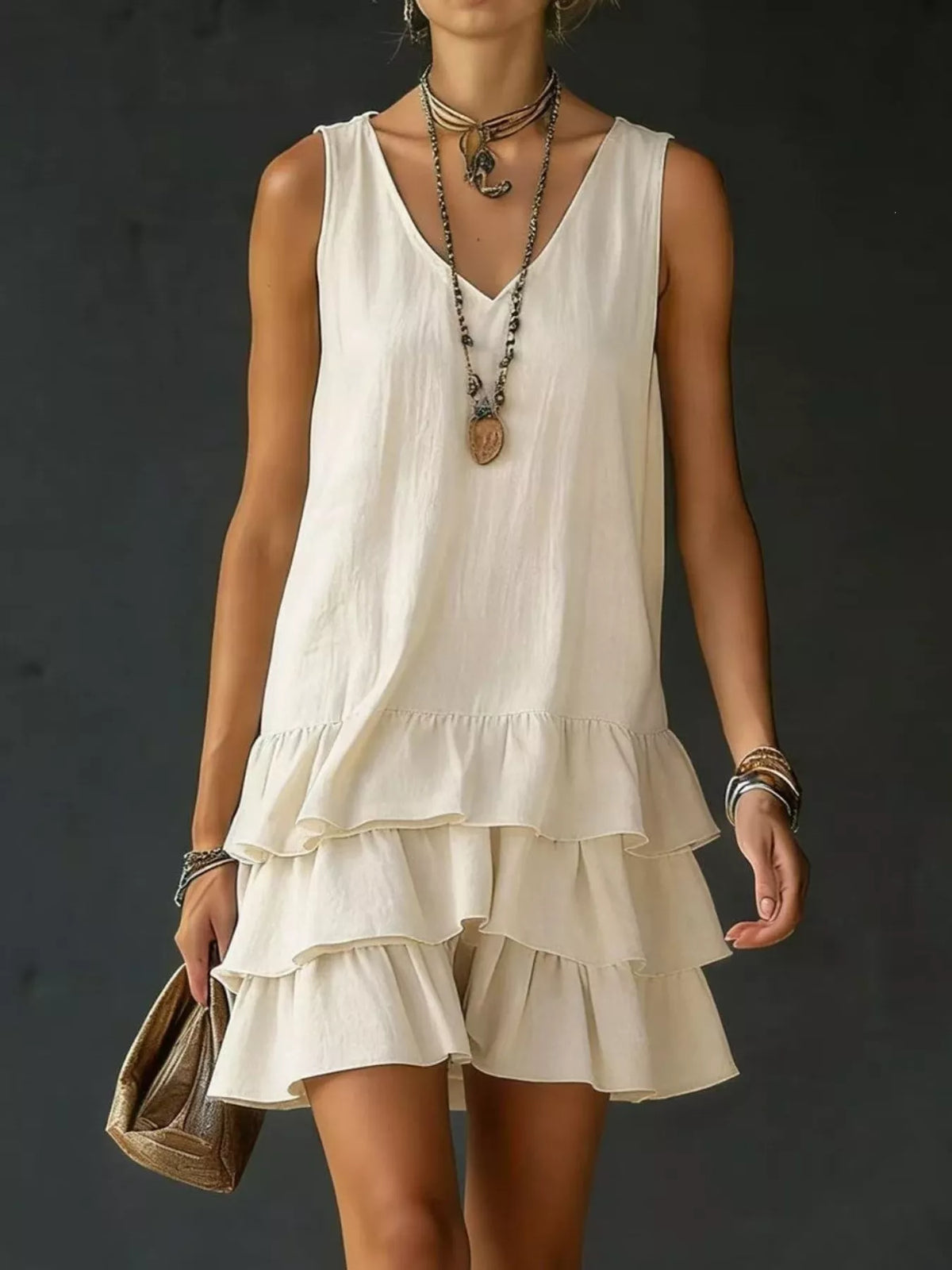 Ruffle-hem sleeveless dress – khaki
