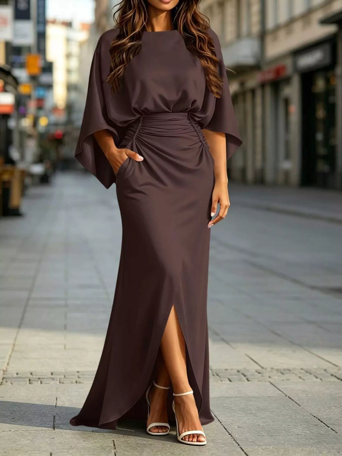 Ruched-waist pocket maxi dress – coffee brown